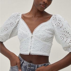 Nasty gal broderie lace button through puff sleeve crop top
